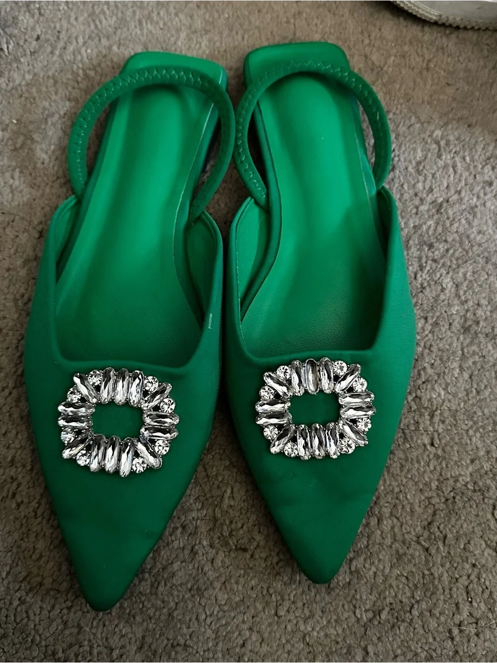 Green Embellished Sling Back Flats